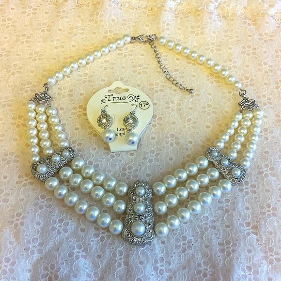 Vintage NEW True Pearl Silver Tone Floral Pendant Earrings VTG Pearl Necklace - Picture 4 of 8